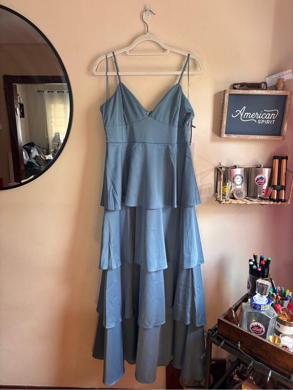 Rachel Zoe Dusty Blue Tiered Spaghetti Strap Maxi Dress bridesmaid dress